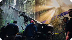 Camera crane shooting a movie in the forest