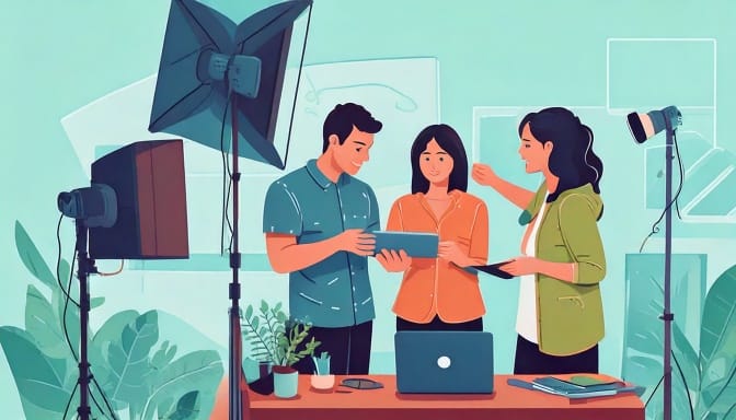 a group of people standing around a table