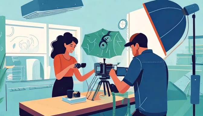 a man and woman taking pictures of a camera